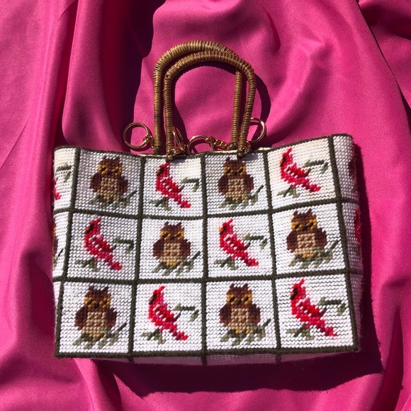 Vintage owls and cardinals needlepoint purse - Picture 3 of 4